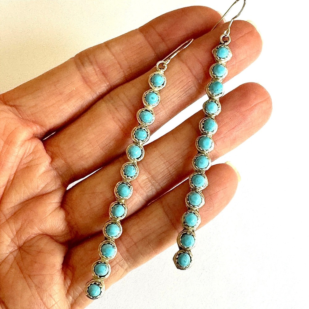 Native American Long Turquoise Earrings Sleeping Beauty 3in Zuni Dangle Sterling